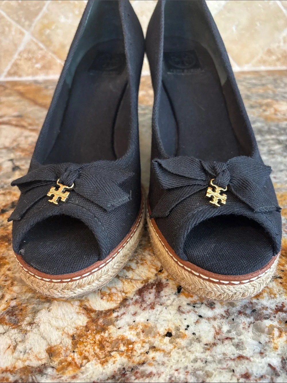 Tory Burch Black Espadrille Wedge Peep-Toe Pumps with Gold Logo